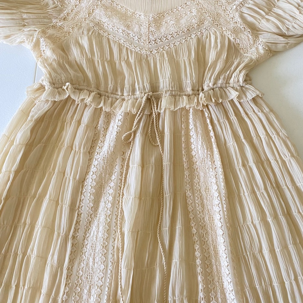 Let Me Be Women's Midi Dress Cream Crinkle Lace Bohemian Long Sleeve - Picture 5 of 8